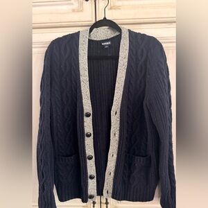 Bonobos Men’s cardigan cable lambswool sweater size M navy with grey trim